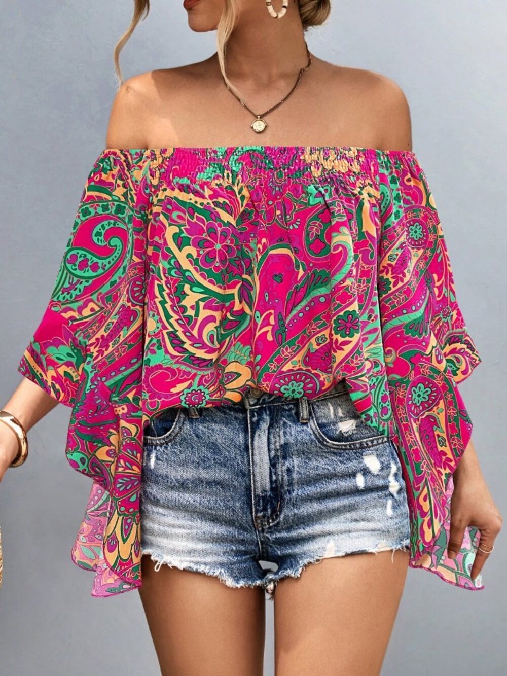 Hot Pink Boho Casual Women's Off-Shoulder Long Sleeve Shirt with Random Print